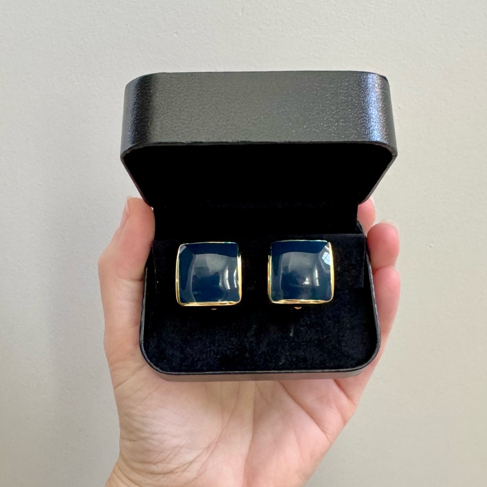 Vintage 80s C.M.Lent Gold & Navy Enamel Square Fashion Clip-On Earrings - Picture 9 of 16
